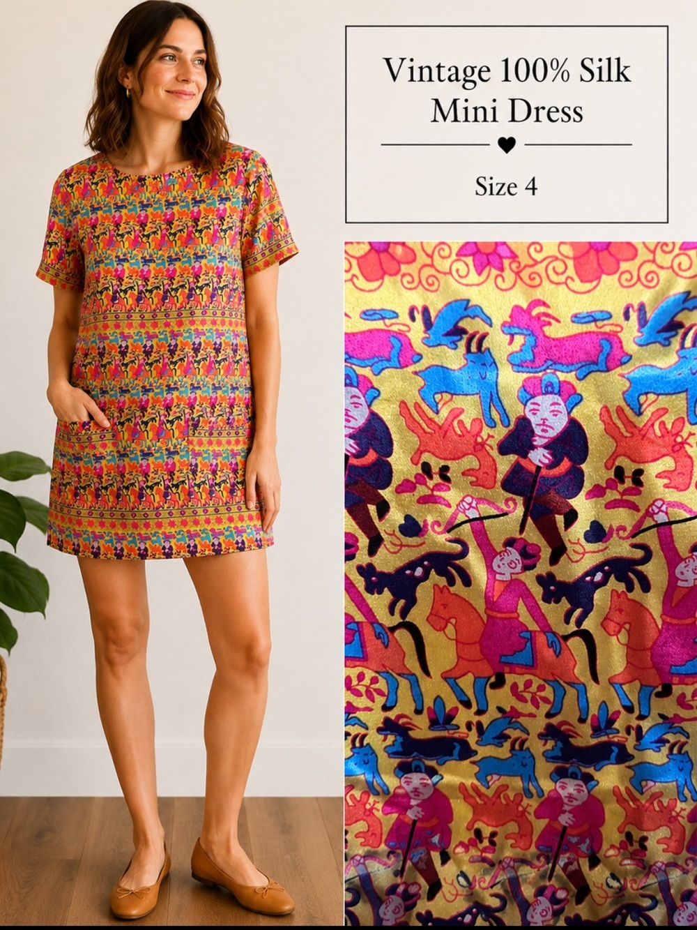 Vintage Elvish 100% Silk Shift Dress East Asian Inspired size 4